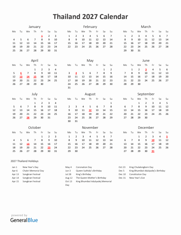 2027 Yearly Calendar Printable With Thailand Holidays