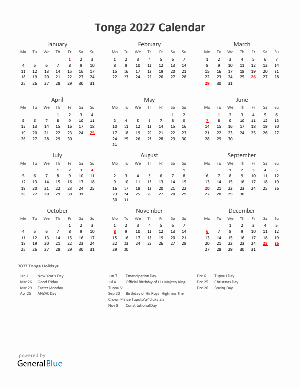 2027 Yearly Calendar Printable With Tonga Holidays