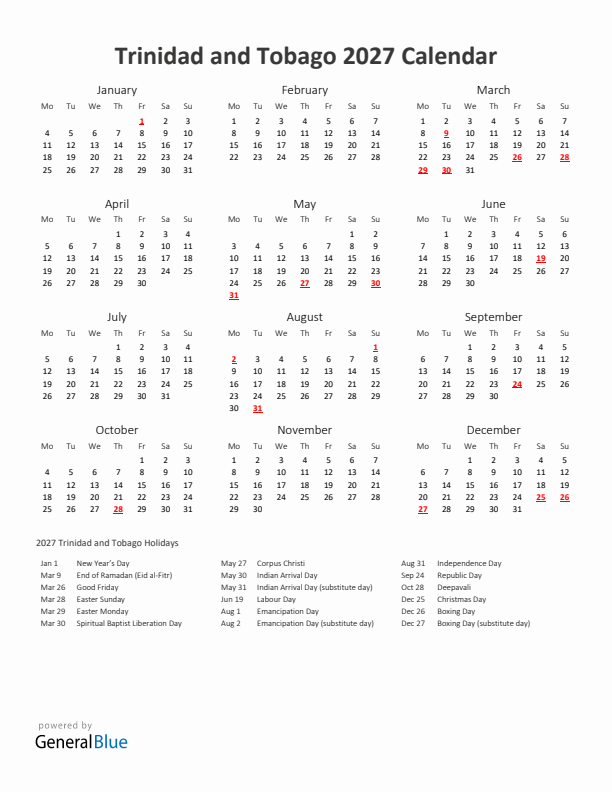 2027 Yearly Calendar Printable With Trinidad and Tobago Holidays
