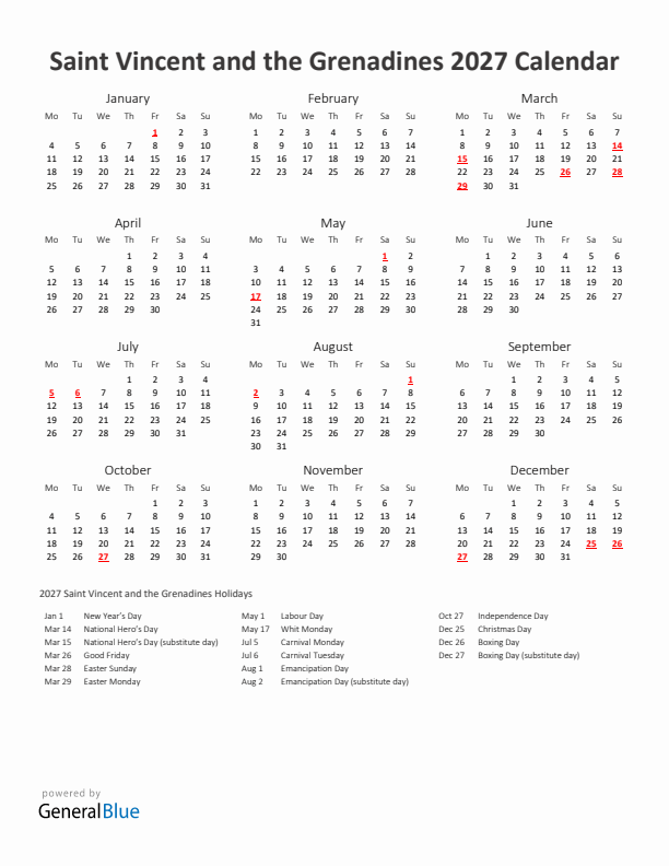2027 Yearly Calendar Printable With Saint Vincent and the Grenadines Holidays