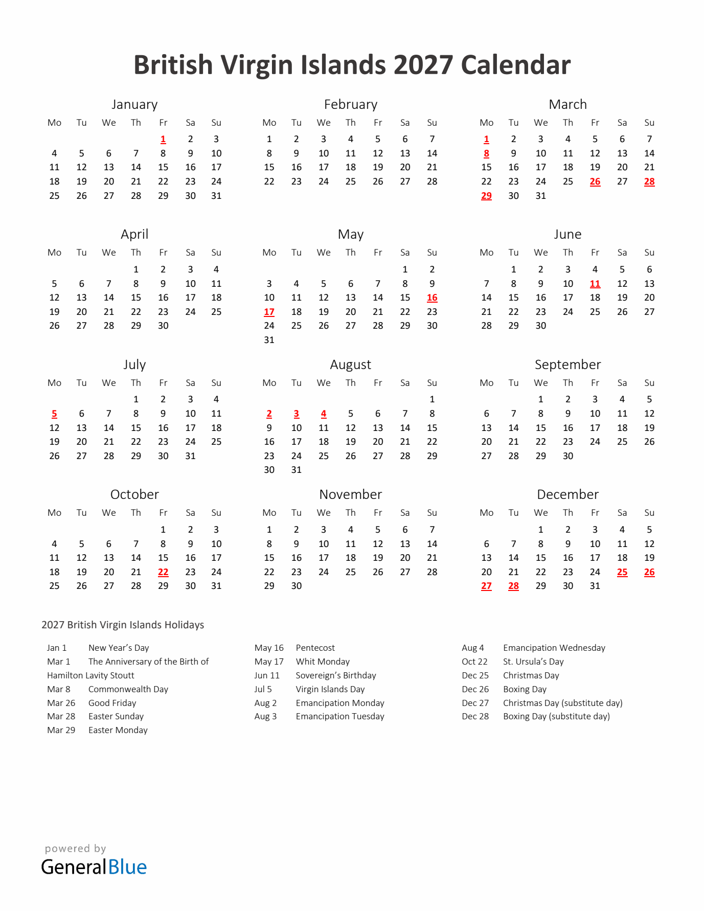 2027 Yearly Calendar Printable With British Virgin Islands Holidays