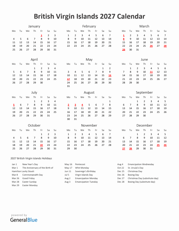 2027 Yearly Calendar Printable With British Virgin Islands Holidays