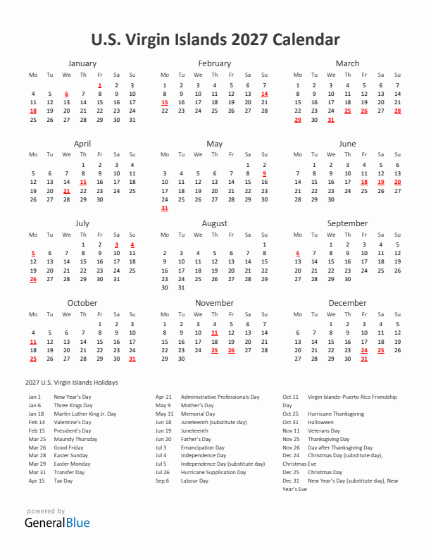 2027 Yearly Calendar Printable With U.S. Virgin Islands Holidays