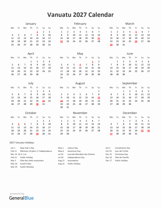 2027 Yearly Calendar Printable With Vanuatu Holidays