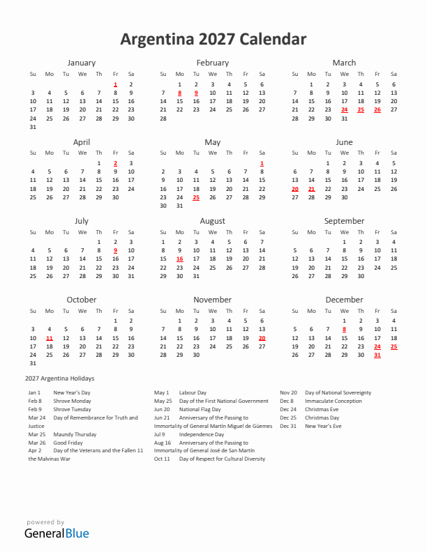 2027 Yearly Calendar Printable With Argentina Holidays