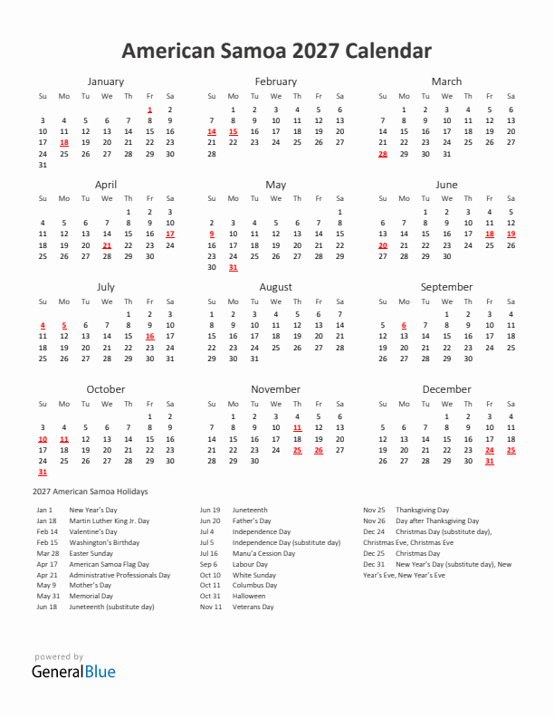 2027 Yearly Calendar Printable With American Samoa Holidays