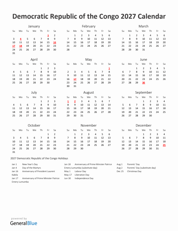2027 Yearly Calendar Printable With Democratic Republic of the Congo Holidays