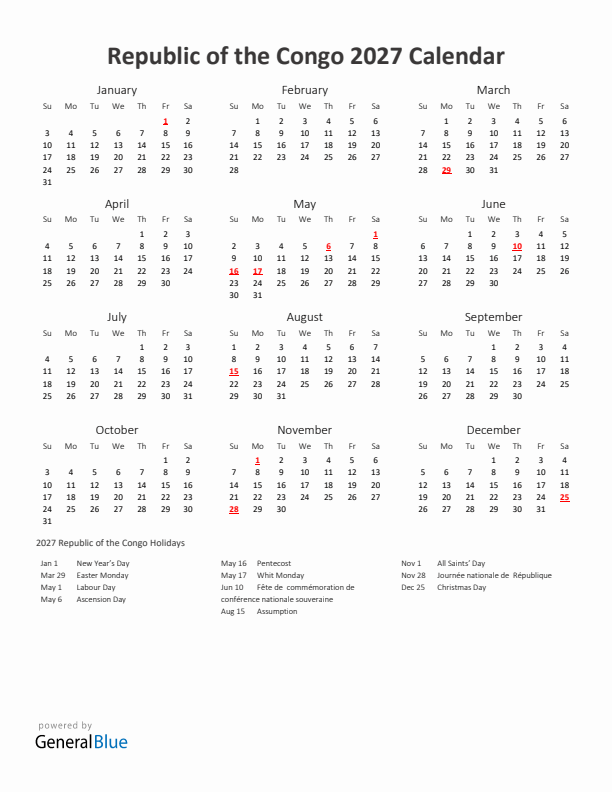 2027 Yearly Calendar Printable With Republic of the Congo Holidays