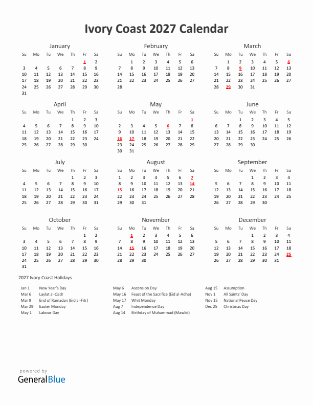 2027 Yearly Calendar Printable With Ivory Coast Holidays