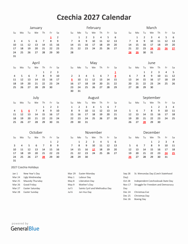 2027 Yearly Calendar Printable With Czechia Holidays