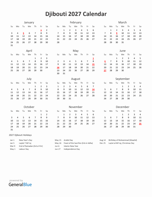 2027 Yearly Calendar Printable With Djibouti Holidays