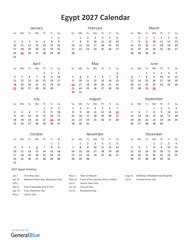 2027 Yearly Calendar Printable With Egypt Holidays