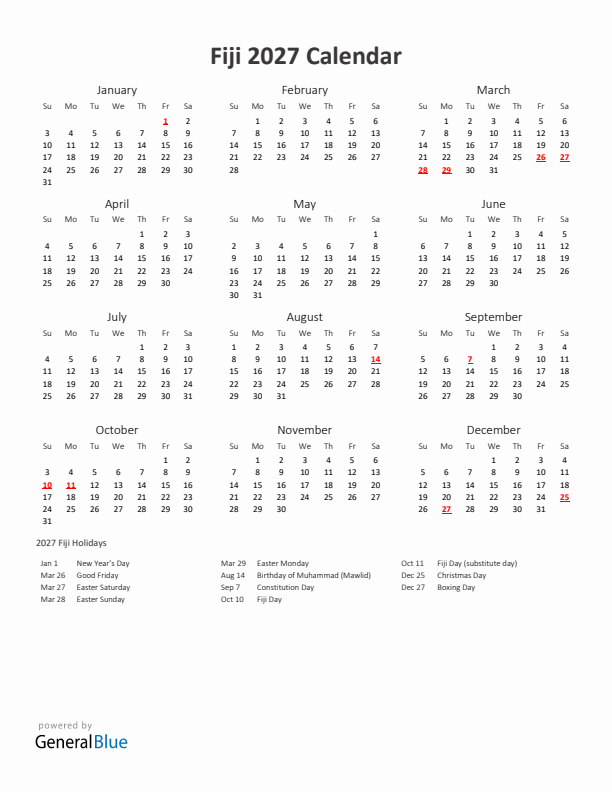 2027 Yearly Calendar Printable With Fiji Holidays