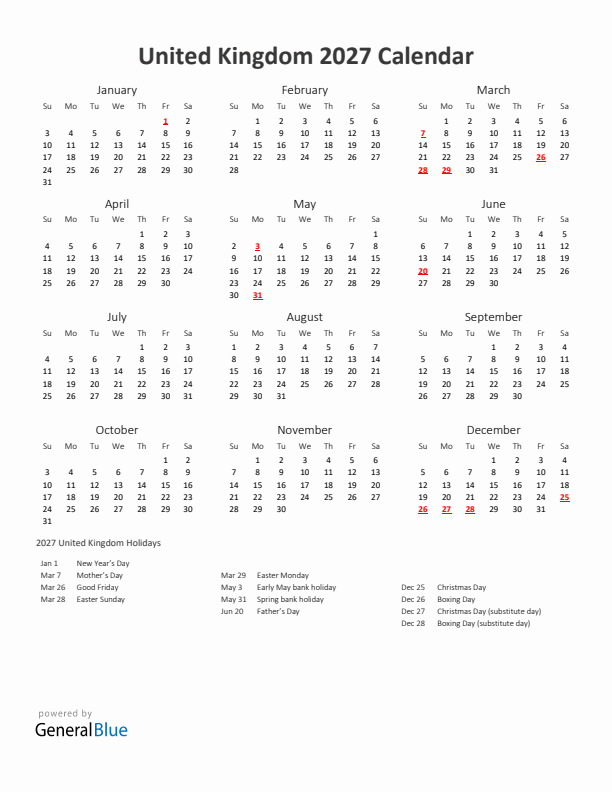2027 United Kingdom Calendar With Holidays