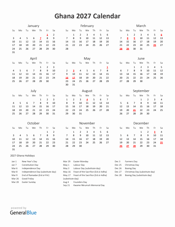 2027 Yearly Calendar Printable With Ghana Holidays