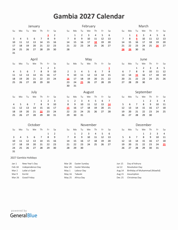 2027 Yearly Calendar Printable With Gambia Holidays