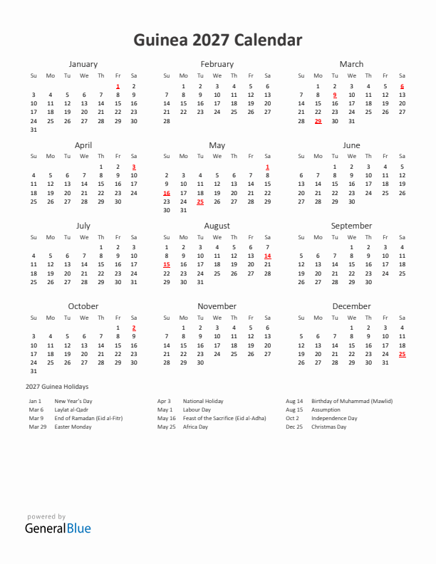 2027 Yearly Calendar Printable With Guinea Holidays