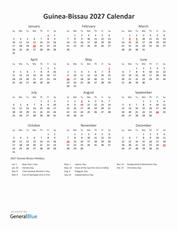 2027 Yearly Calendar Printable With Guinea-Bissau Holidays