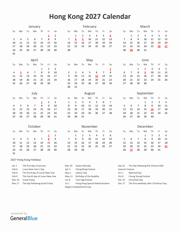 2027 Yearly Calendar Printable With Hong Kong Holidays