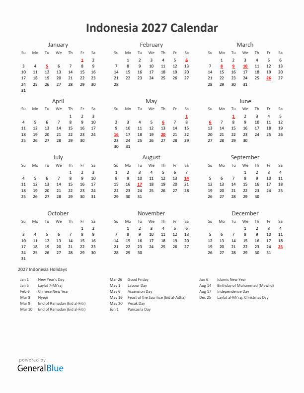 2027 Yearly Calendar Printable With Indonesia Holidays