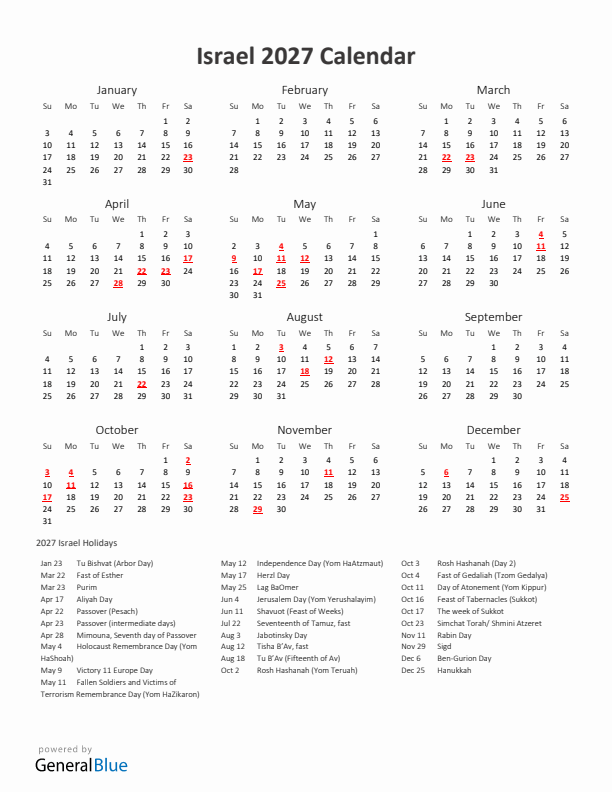 2027 Yearly Calendar Printable With Israel Holidays