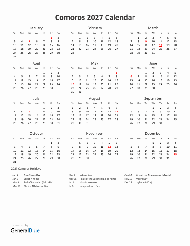 2027 Yearly Calendar Printable With Comoros Holidays