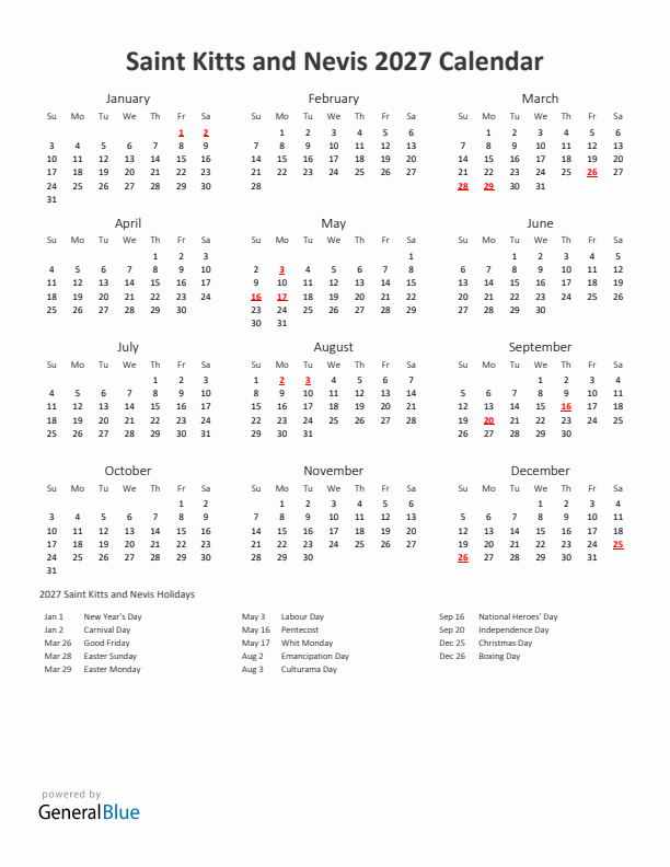 2027 Yearly Calendar Printable With Saint Kitts and Nevis Holidays