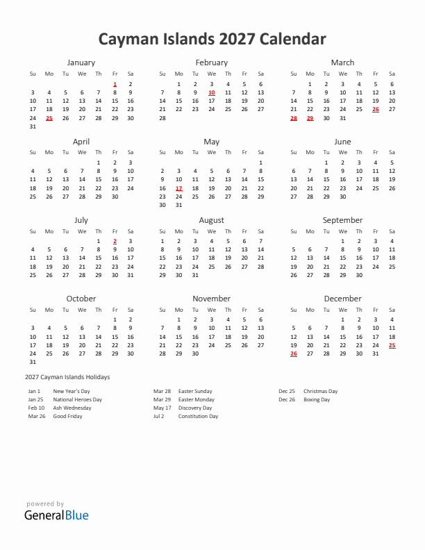 2027 Yearly Calendar Printable With Cayman Islands Holidays