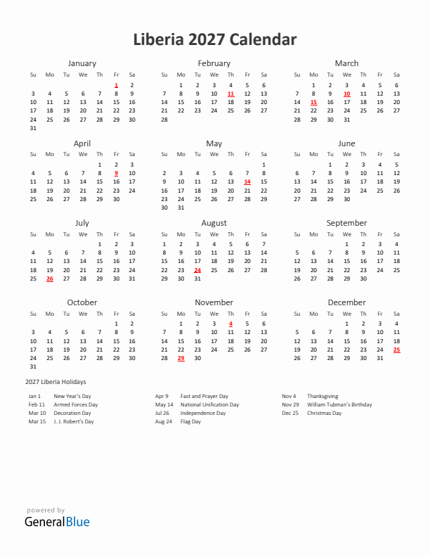 2027 Yearly Calendar Printable With Liberia Holidays
