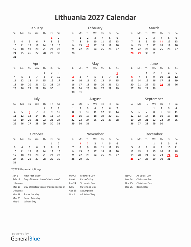 2027 Yearly Calendar Printable With Lithuania Holidays