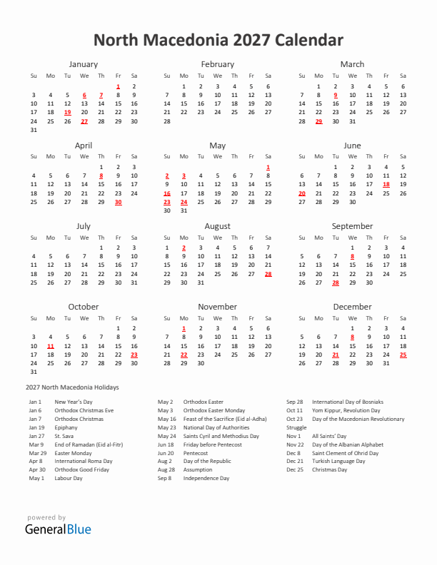 2027 Yearly Calendar Printable With North Macedonia Holidays