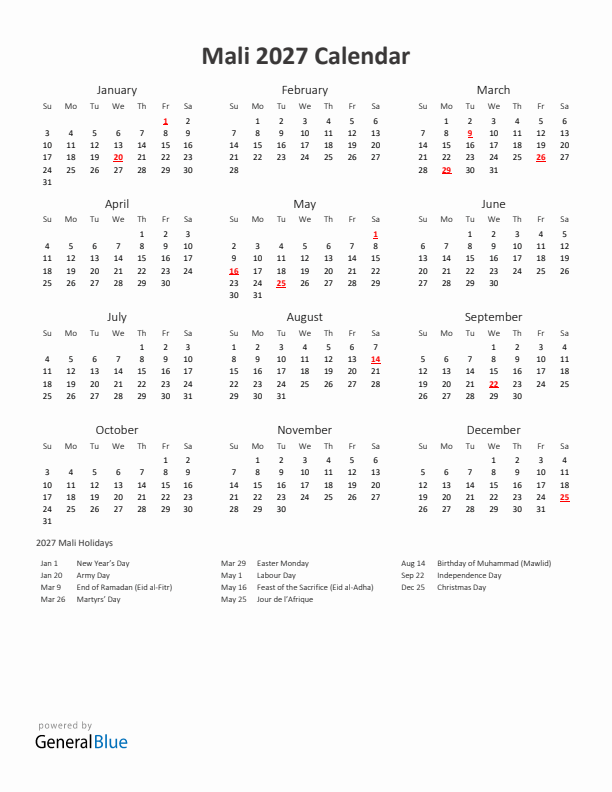 2027 Yearly Calendar Printable With Mali Holidays