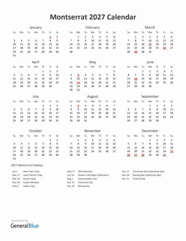 2027 Yearly Calendar Printable With Montserrat Holidays