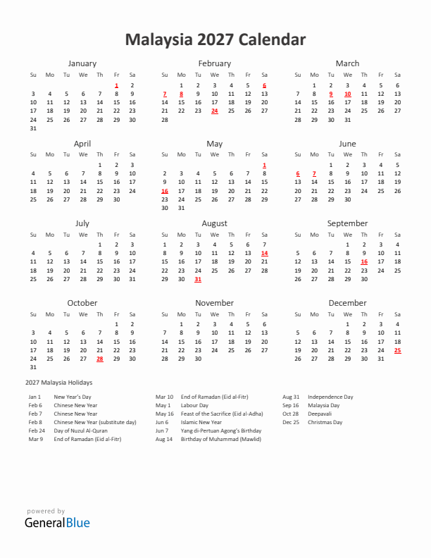 2027 Yearly Calendar Printable With Malaysia Holidays