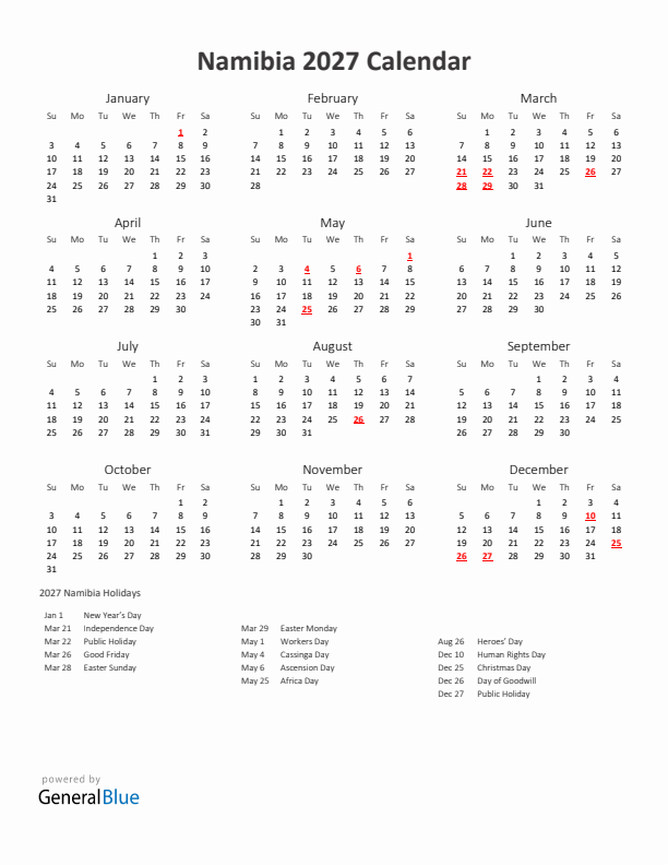 2027 Yearly Calendar Printable With Namibia Holidays 2027 Yearly Calendar Printable With Namibia Holidays