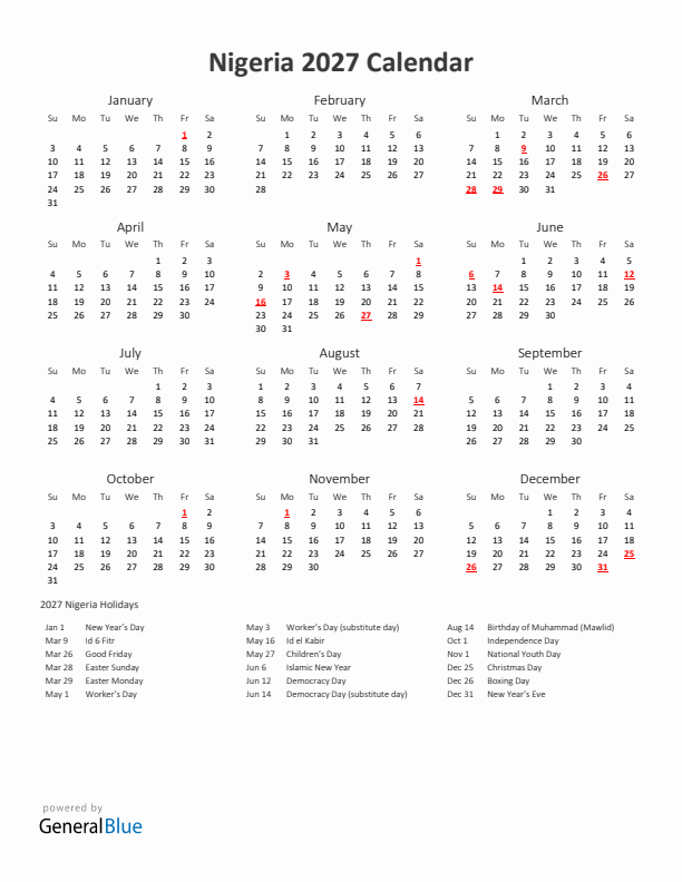 2027 Yearly Calendar Printable With Nigeria Holidays