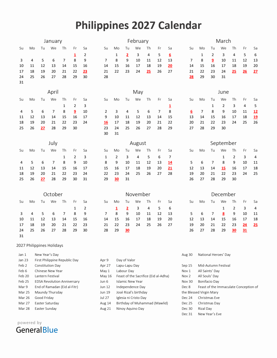2027 Yearly Calendar Printable With Philippines Holidays