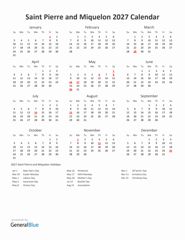 2027 Yearly Calendar Printable With Saint Pierre and Miquelon Holidays