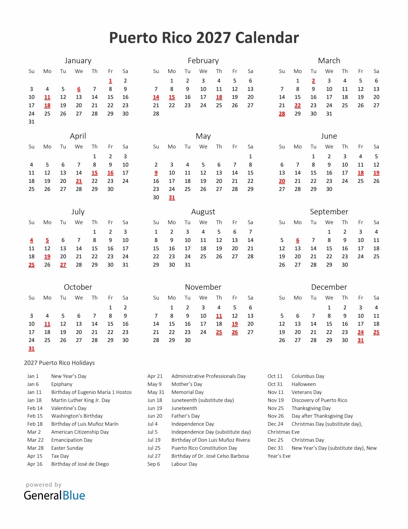 2027 Yearly Calendar Printable With Puerto Rico Holidays