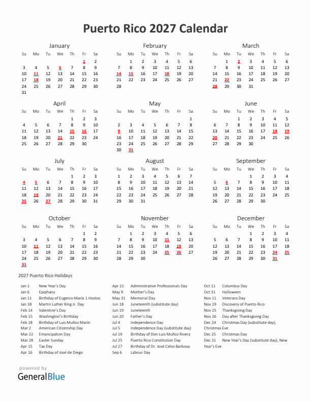 2027 Yearly Calendar Printable With Puerto Rico Holidays