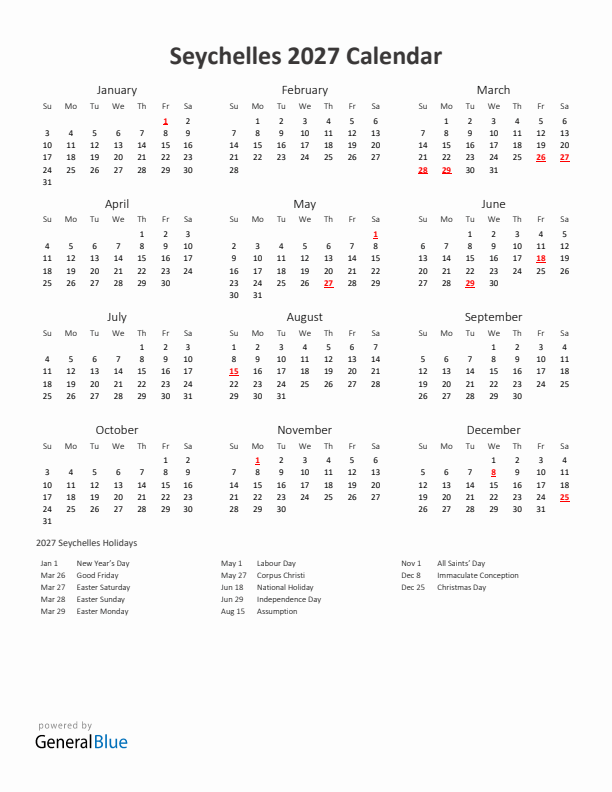 2027 Yearly Calendar Printable With Seychelles Holidays