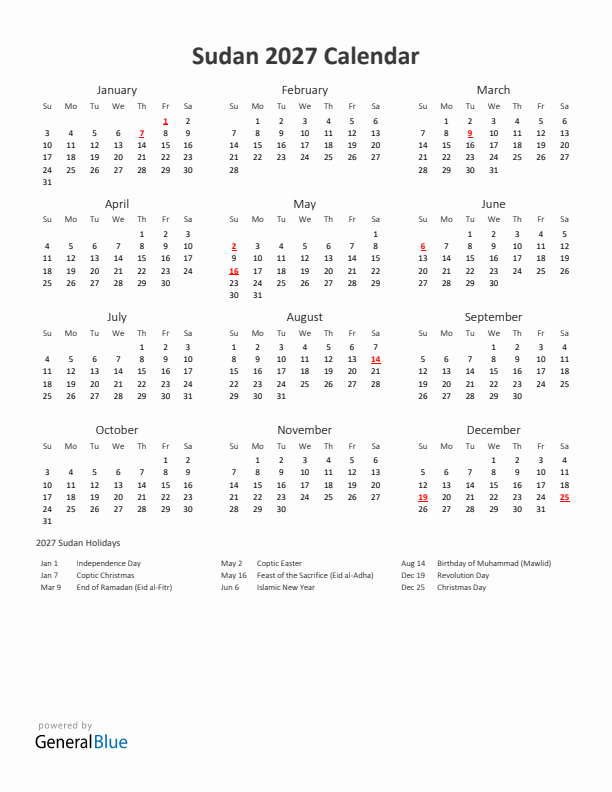 2027 Yearly Calendar Printable With Sudan Holidays