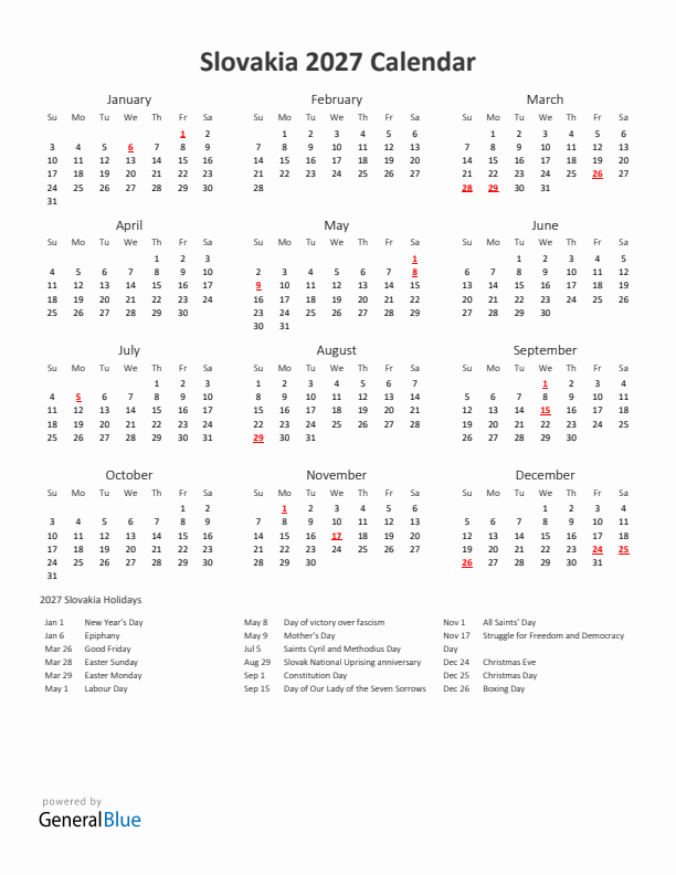 2027 Yearly Calendar Printable With Slovakia Holidays