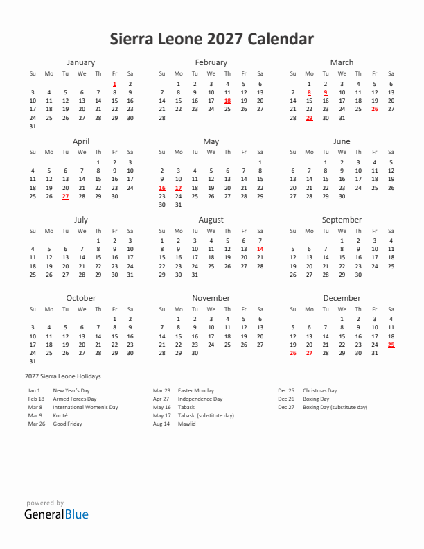 2027 Yearly Calendar Printable With Sierra Leone Holidays