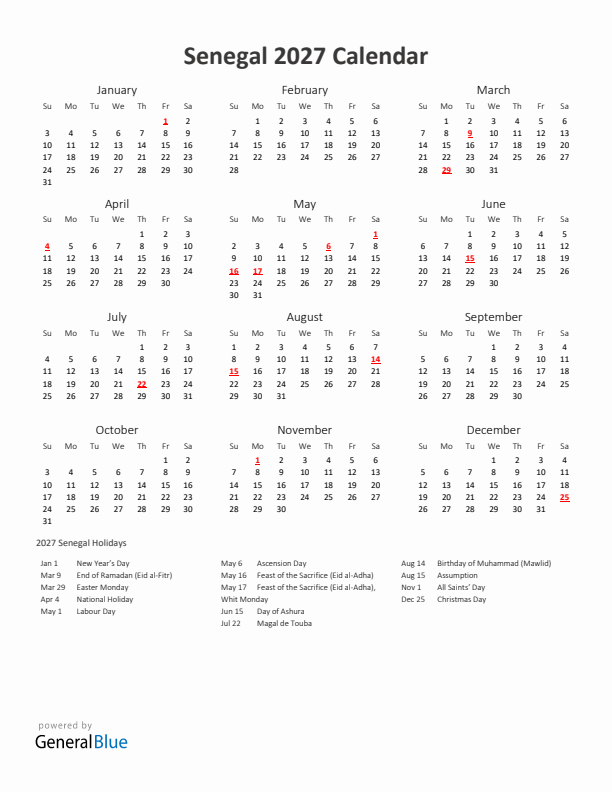 2027 Yearly Calendar Printable With Senegal Holidays