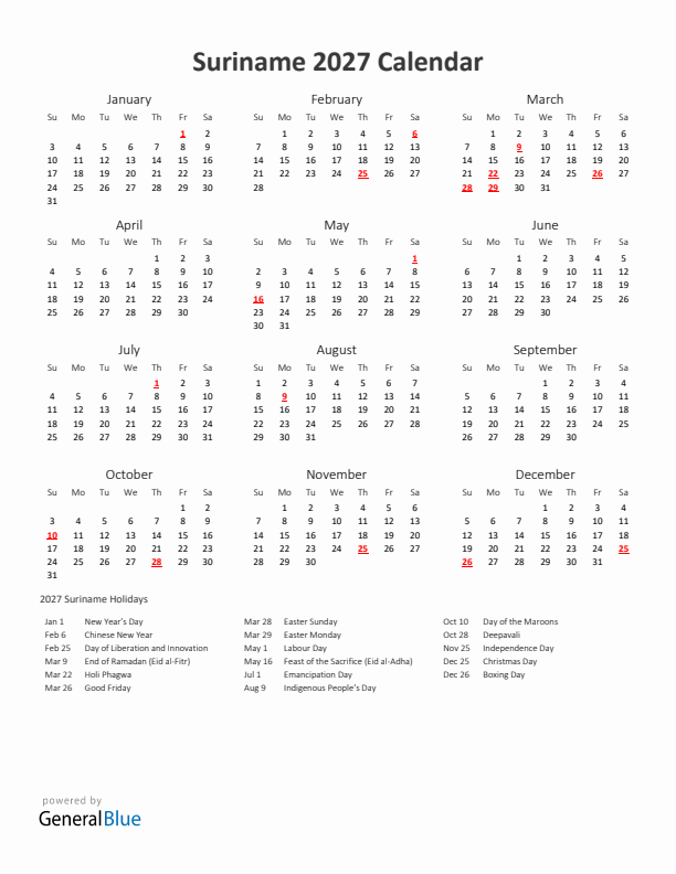 2027 Yearly Calendar Printable With Suriname Holidays
