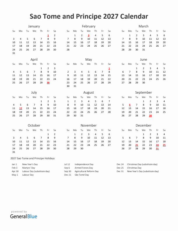 2027 Yearly Calendar Printable With Sao Tome and Principe Holidays