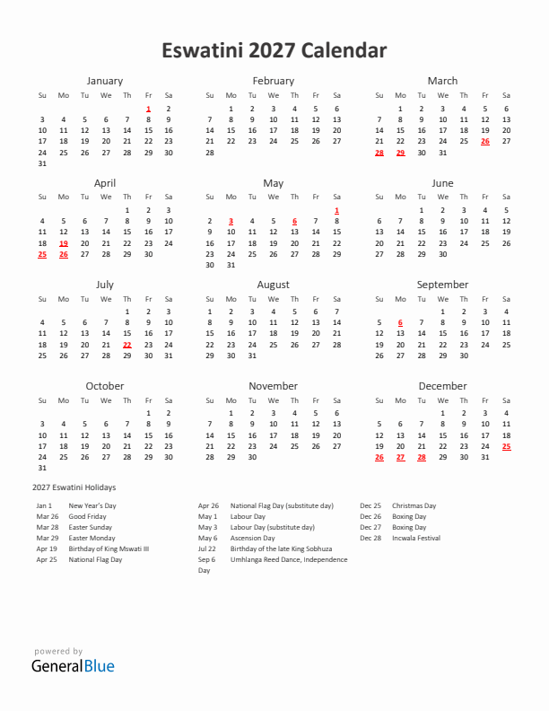 2027 Yearly Calendar Printable With Eswatini Holidays