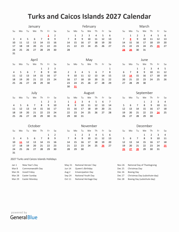 2027 Yearly Calendar Printable With Turks and Caicos Islands Holidays
