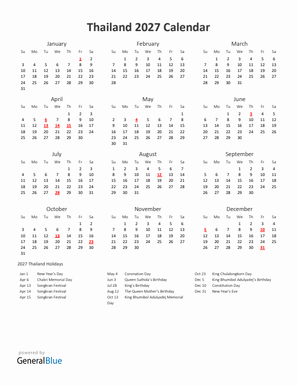 2027 Yearly Calendar Printable With Thailand Holidays